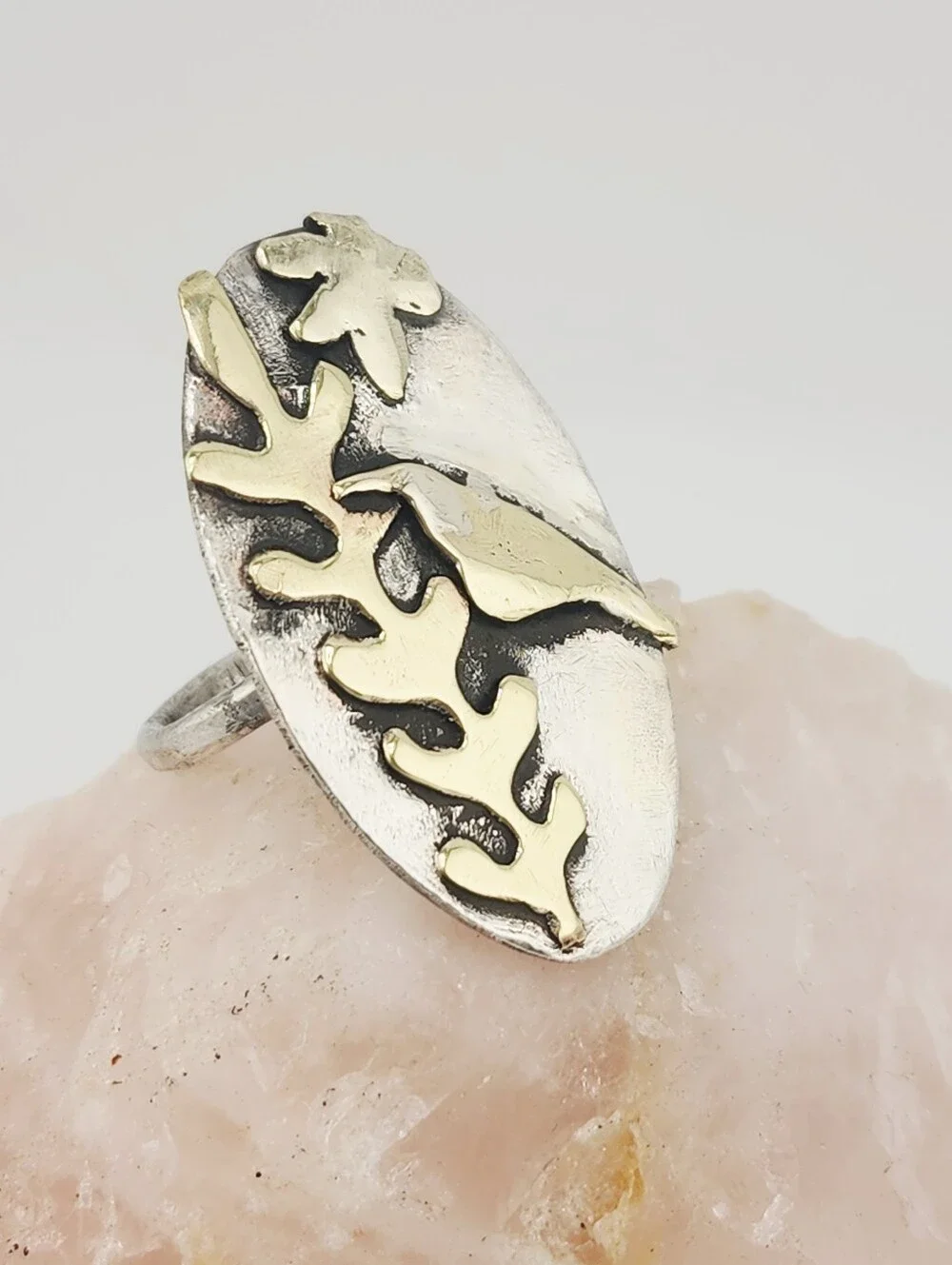 BOTANICAL ORGANIC STERLING SILVER & BRASS FLORAL RING HANDMADE SIZE 7